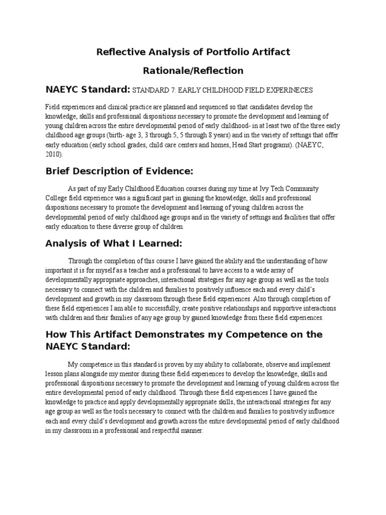 reflective analysis of portfolio artifact standard 7 Early Childhood