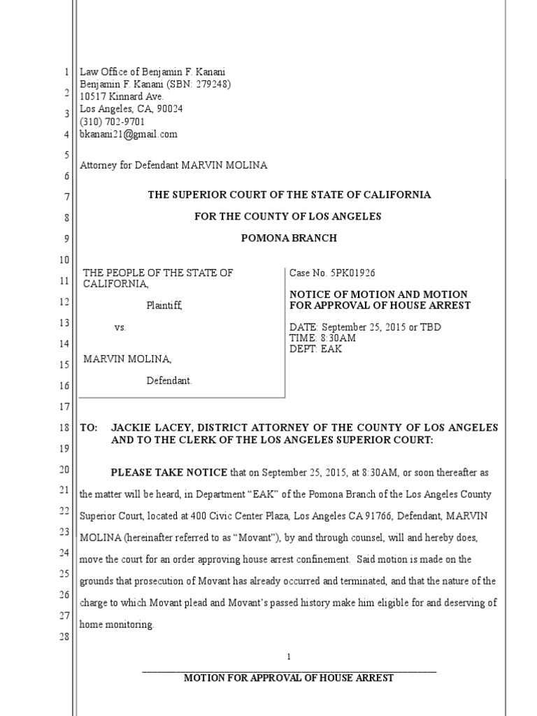 Sample Motion Re House Arrest Approval Crimes Crime & Justice