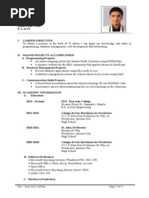 FEU-IT :Sample Student Résumé Modified