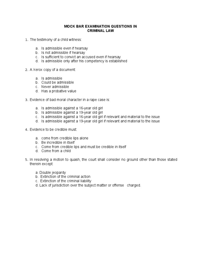 Mock Bar Examination Questions in Criminal Law | PDF | Hearsay | Witness