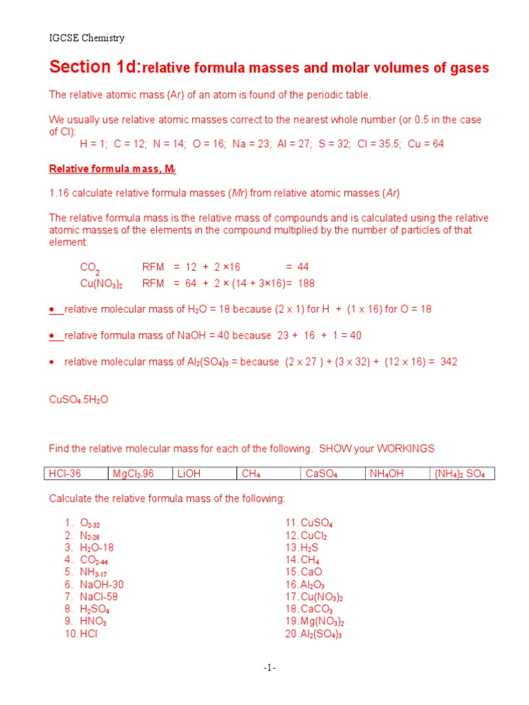 Relative Formula Mass & Molar Calculations | PDF | Mole (Unit) | Oxide