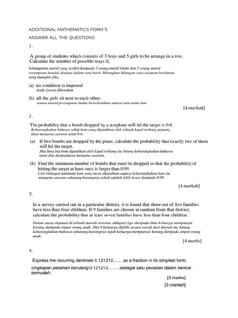 Additional Mathematics Form 5 Answer All The Questions 1 | PDF