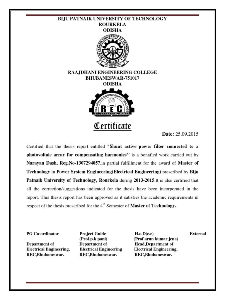 M.Tech Thesis Certificate in Electrical Engineering | PDF | Science ...