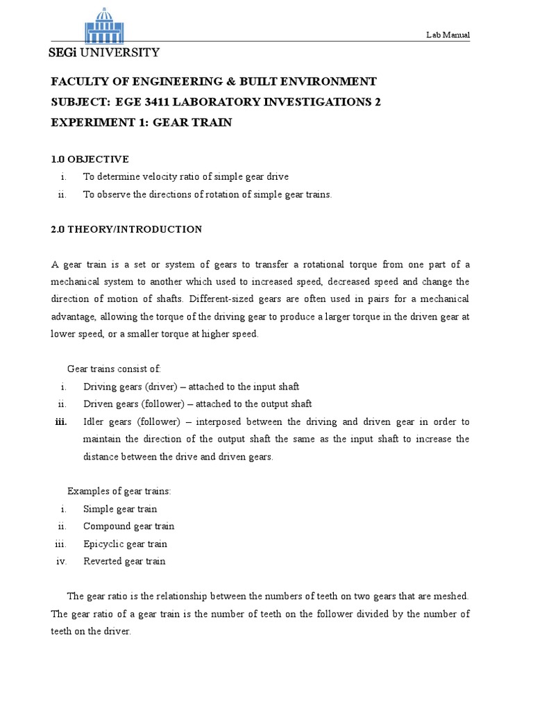 Lab2e1 Gear Train Gear Kinematics