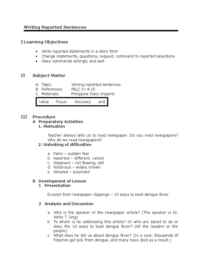 Reporting Commands: Changing Direct Commands into Reported Form through ...