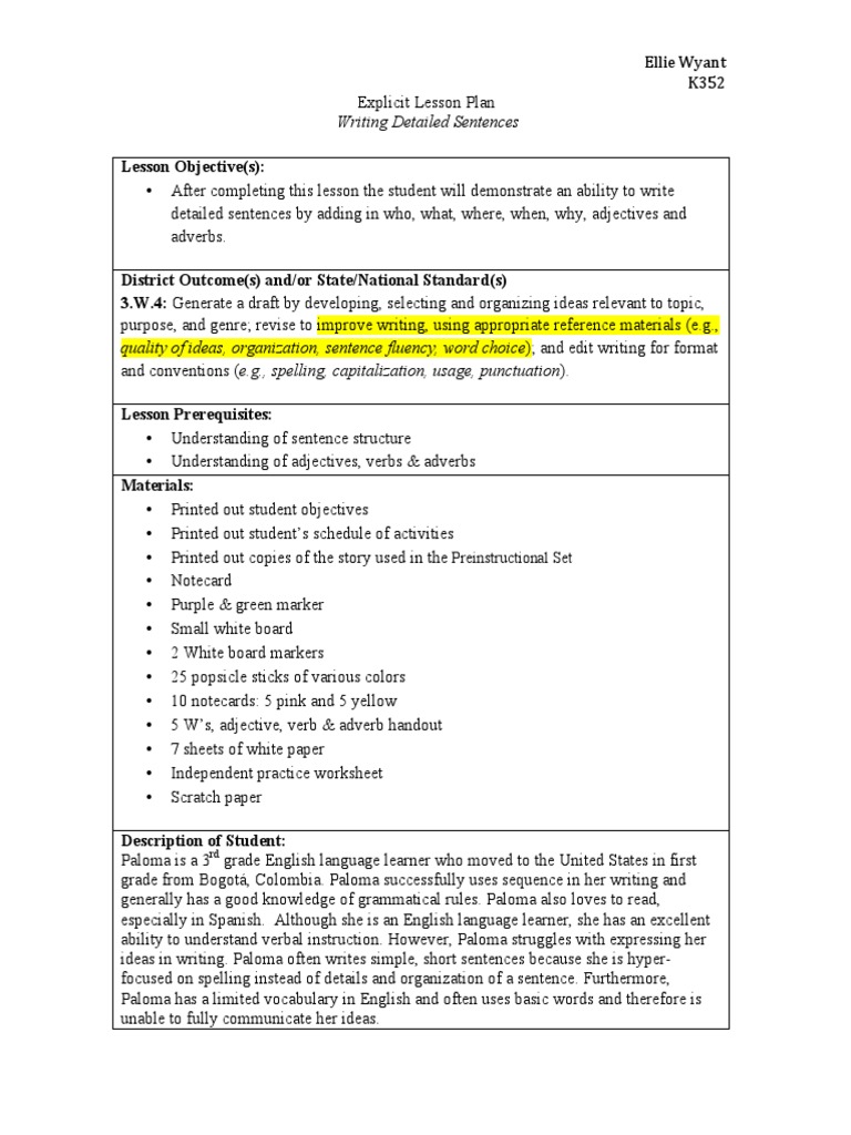 Explicit Instruction Lesson Plan Wyant | PDF | Adverb | Verb
