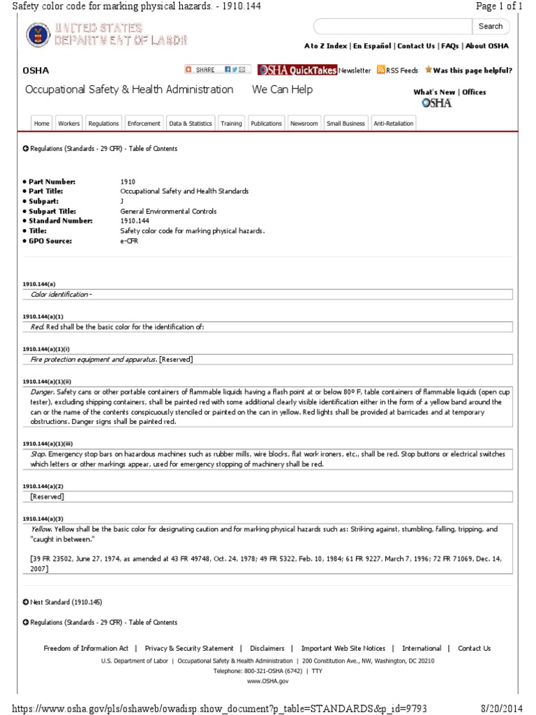 OSHA 1910.144 - Safety Color Code For Marking Physical Hazards | PDF ...