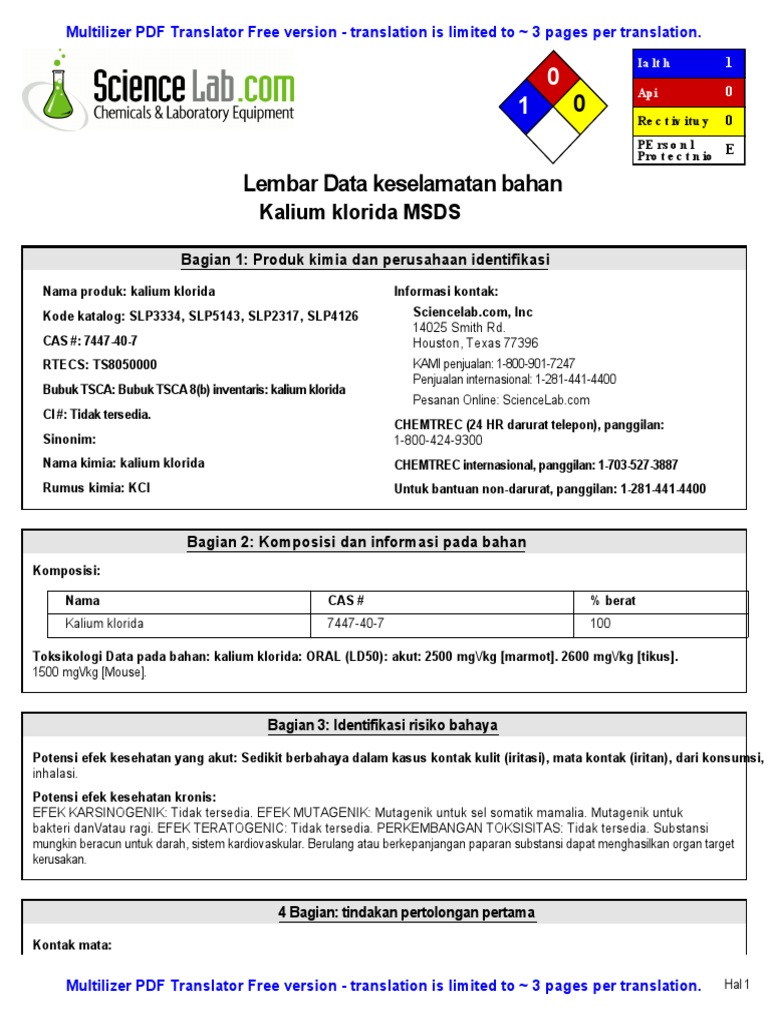 msds kalium klorida
