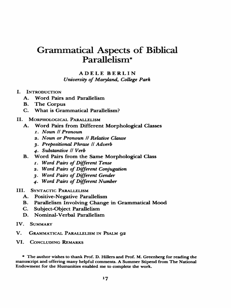 Berlin (1979) Grammatical Aspects of Biblical Parallelism Grammatical