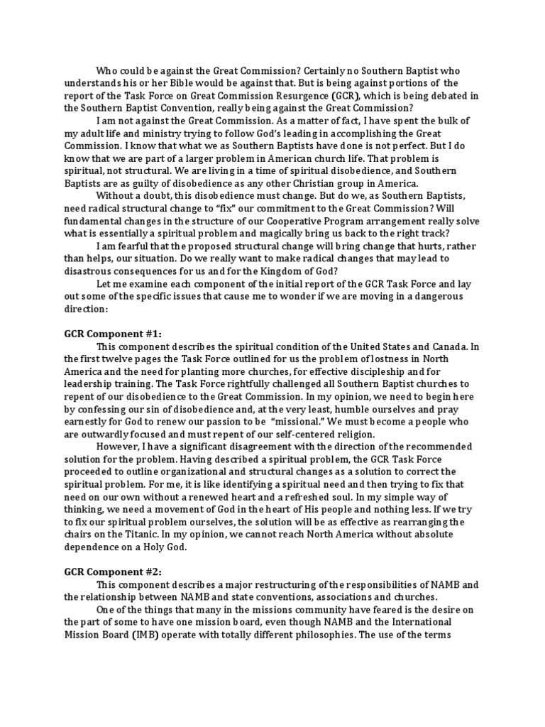 Bob Mills Response To GCR Preliminary Report PDF Baptists Repentance