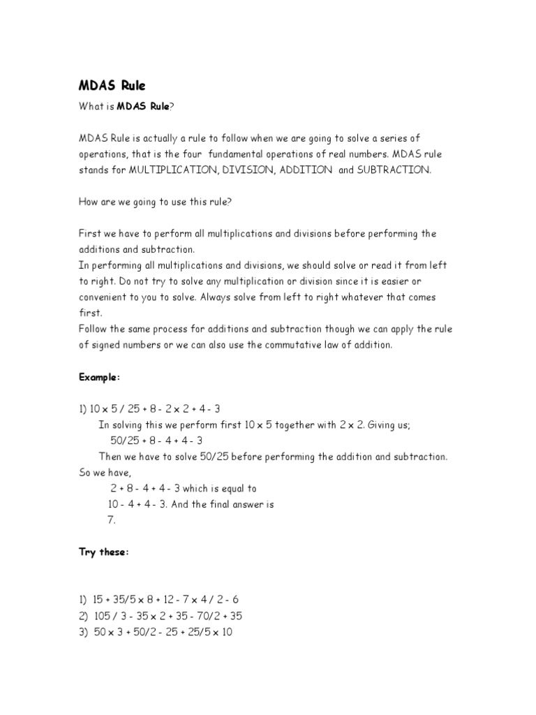 MDAS Rule | PDF | Subtraction | Multiplication