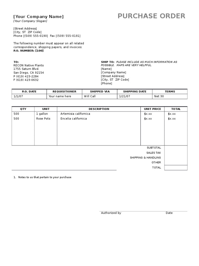 Sample Purchase Order | PDF