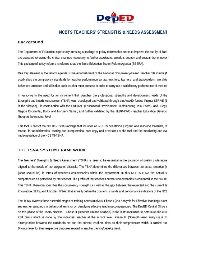 TSNA Framework for Teacher Development | PDF | Educational Technology ...