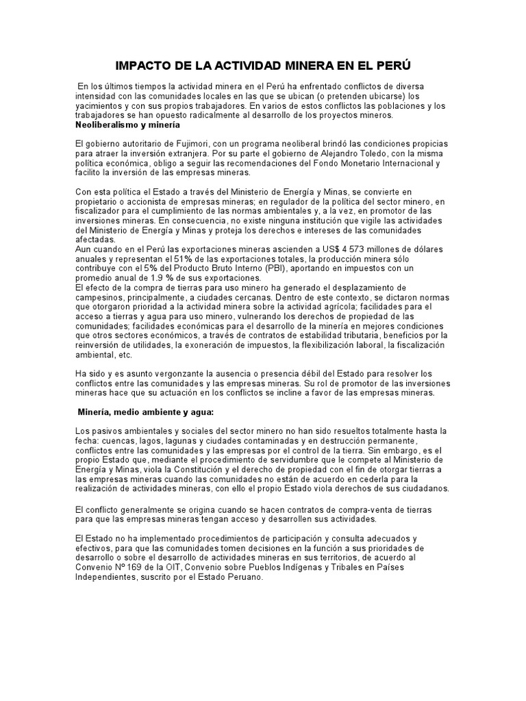 Impacto de La Actividad Minera en El Perú 2008 | PDF | Minería | Los ...