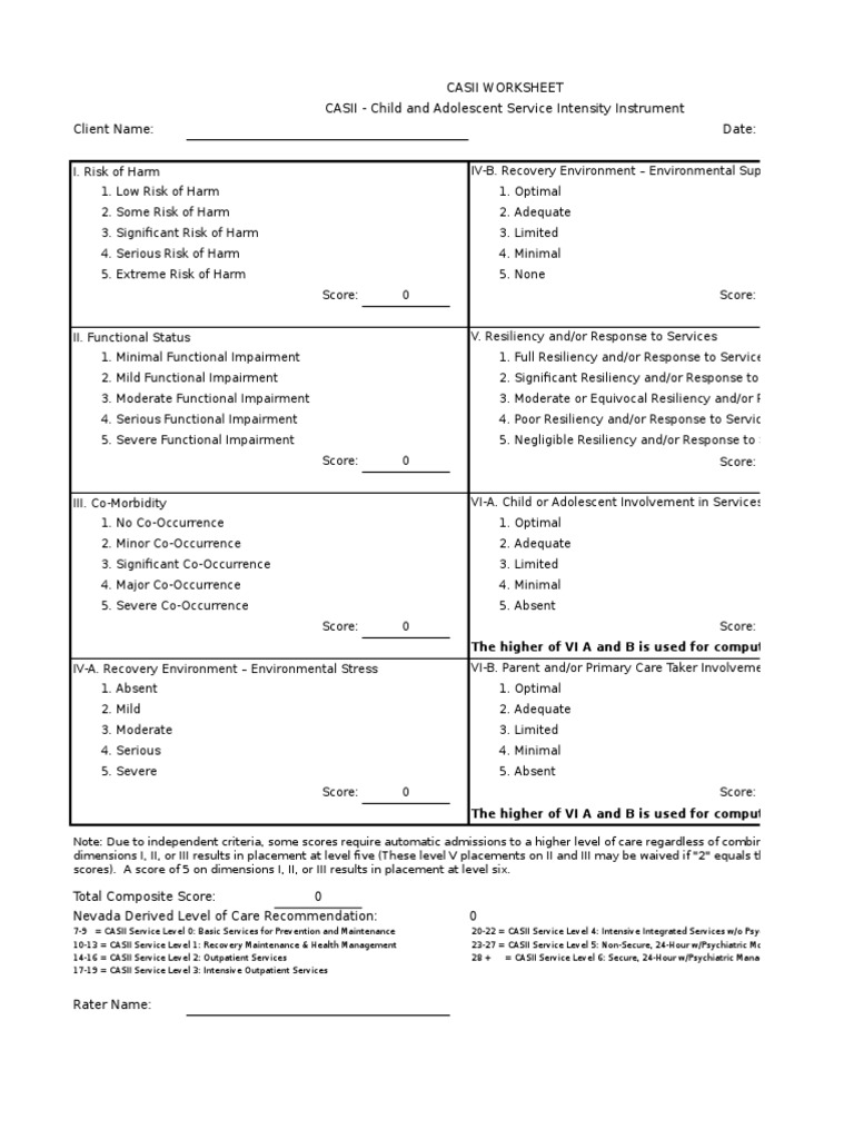 Assessing Service Needs: A CASII Worksheet for Evaluating Risk Factors