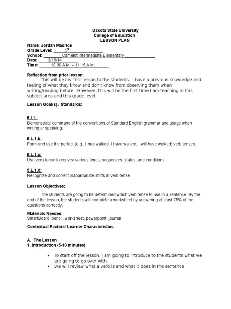5th Grade Verb Tenses Lesson Plan Pdf Perfect Grammar