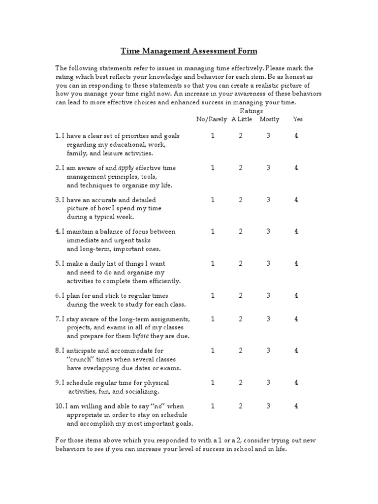 Time Management Assessment Form No/Rarely A Little Mostly Yes PDF