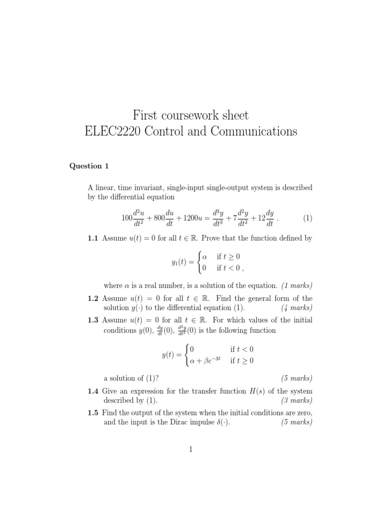 First Coursework Sheet ELEC2220 Control and Communications | PDF ...