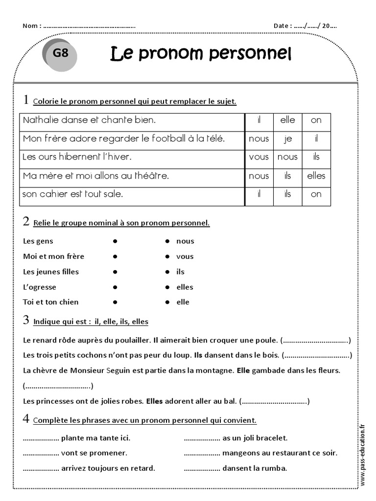 Exercices sur les pronoms personnels CE1 | PDF