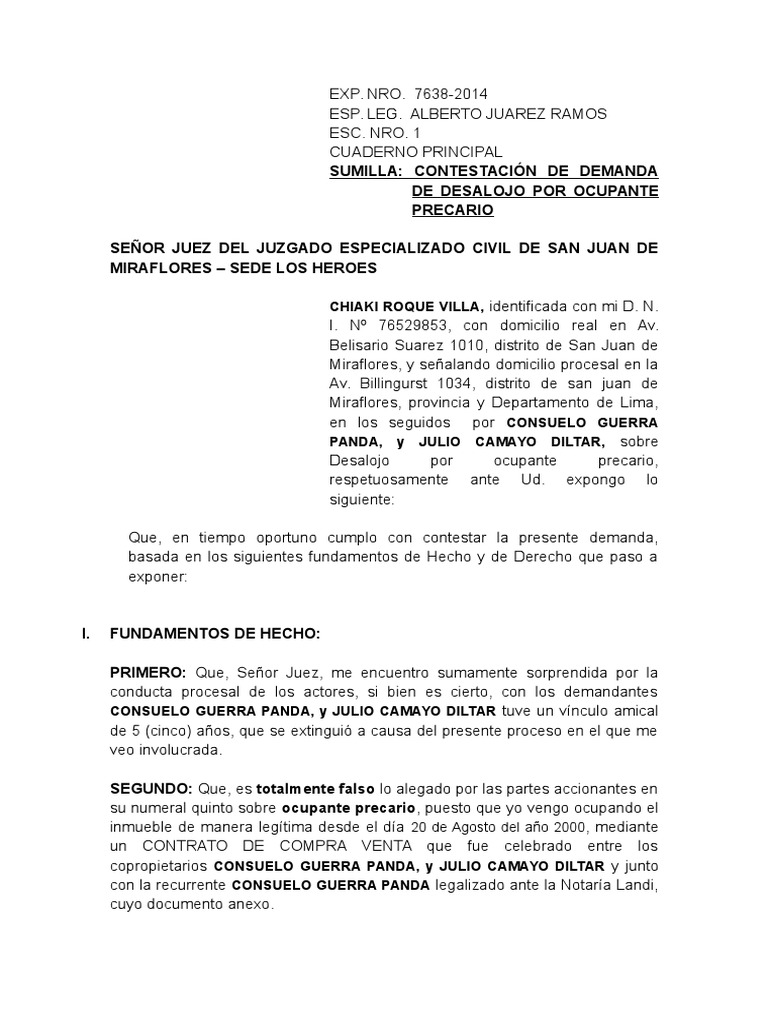 Contestacion de Demanda de Desalojo Por Ocupante Precario-1 | PDF | Demanda  judicial | Derecho privado
