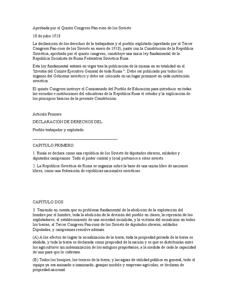 Declaración de los derechos del pueblo trabajador y explotado y la Constitución de la República