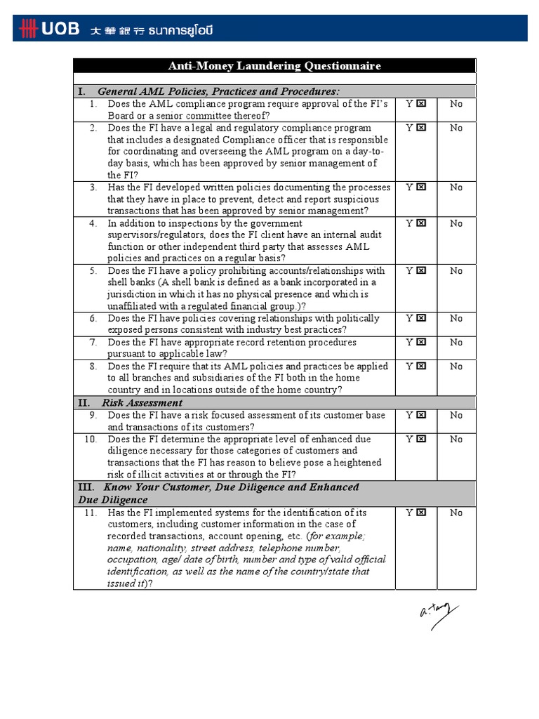 AML Questionnaire UOBT2009 | Money Laundering | Politics