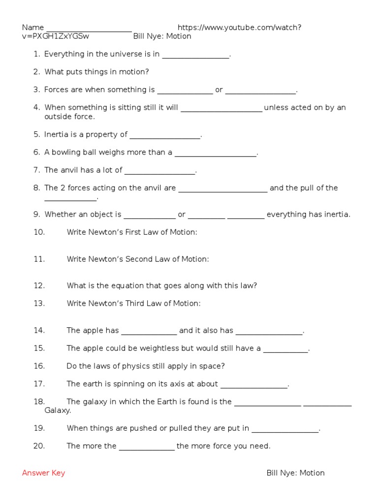 Bill Nye Motion Video Questions  PDF   Inertia  Force Within Bill Nye Motion Worksheet Answers