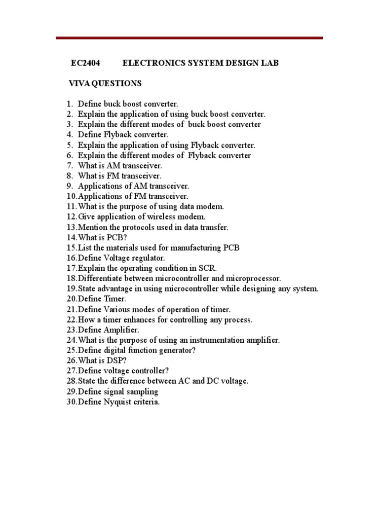 EC2404 Electronics System Design Lab Viva Questions PDF