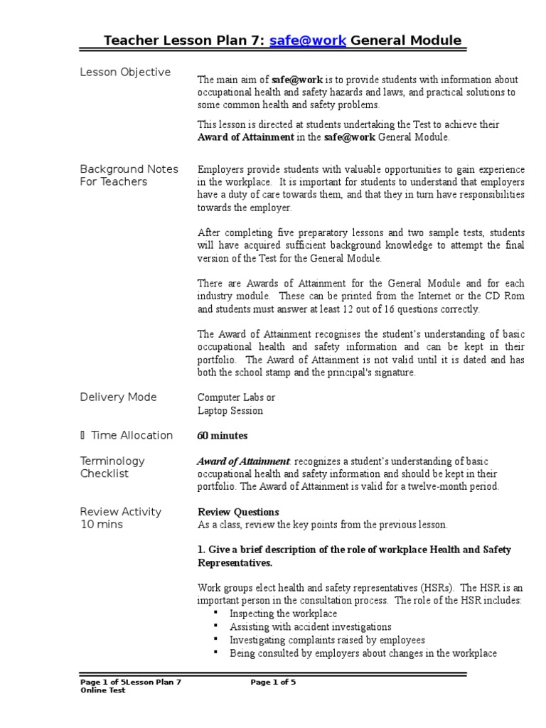 Preparing Students for Workplace Safety An Overview of Lesson Plan 7 on the safework General