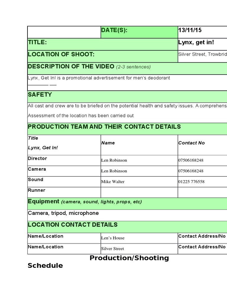 Production Shooting Schedule | PDF | Camera | Leisure