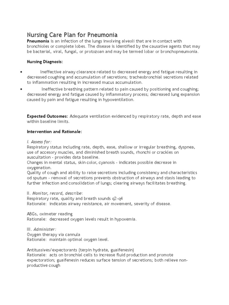 Nursing Care Plan for Pneumonia Management | PDF | Respiratory Tract ...