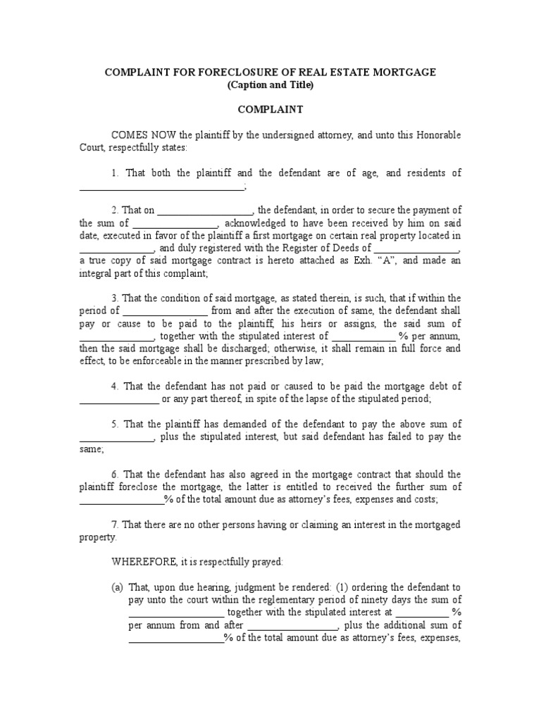 Complaint for Foreclosure of REM
