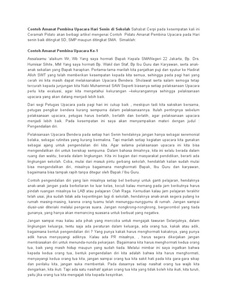 Contoh Amanat Pembina Upacara Hari Senin Di Sekolah PDF
