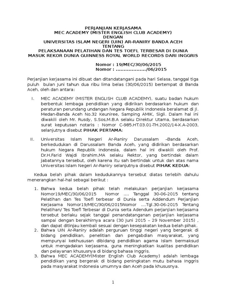 Mou Kerjasama Mec Academy Dan Uin Ar Raniry