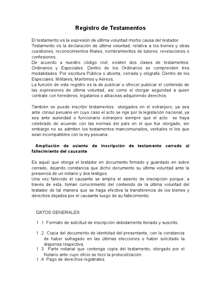 Requisitos para Testamento Notarial en Perú | PDF | Voluntad y ...