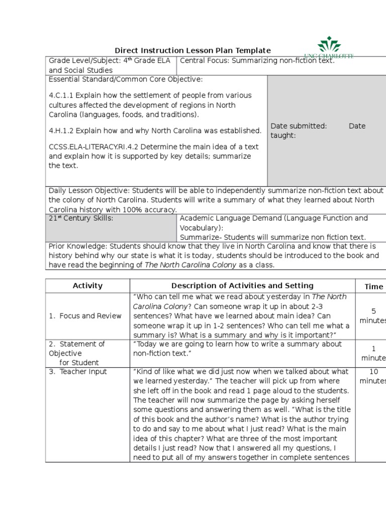 4th grade summary lesson plan | Lesson Plan | Educational Assessment