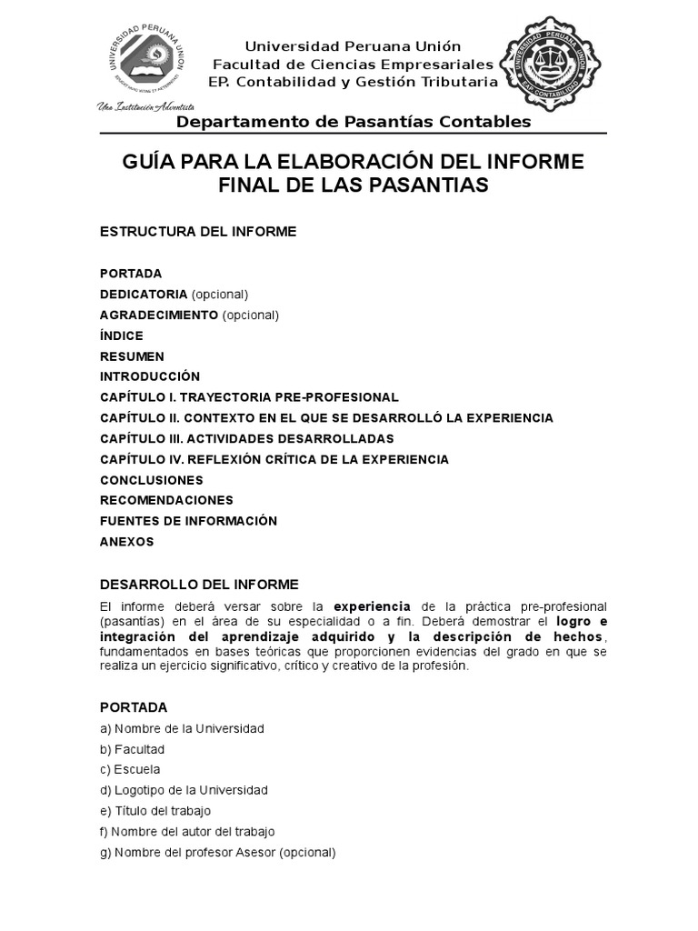 Gu a Para La Elaboraci n Del Informe Final De Las Pasantias