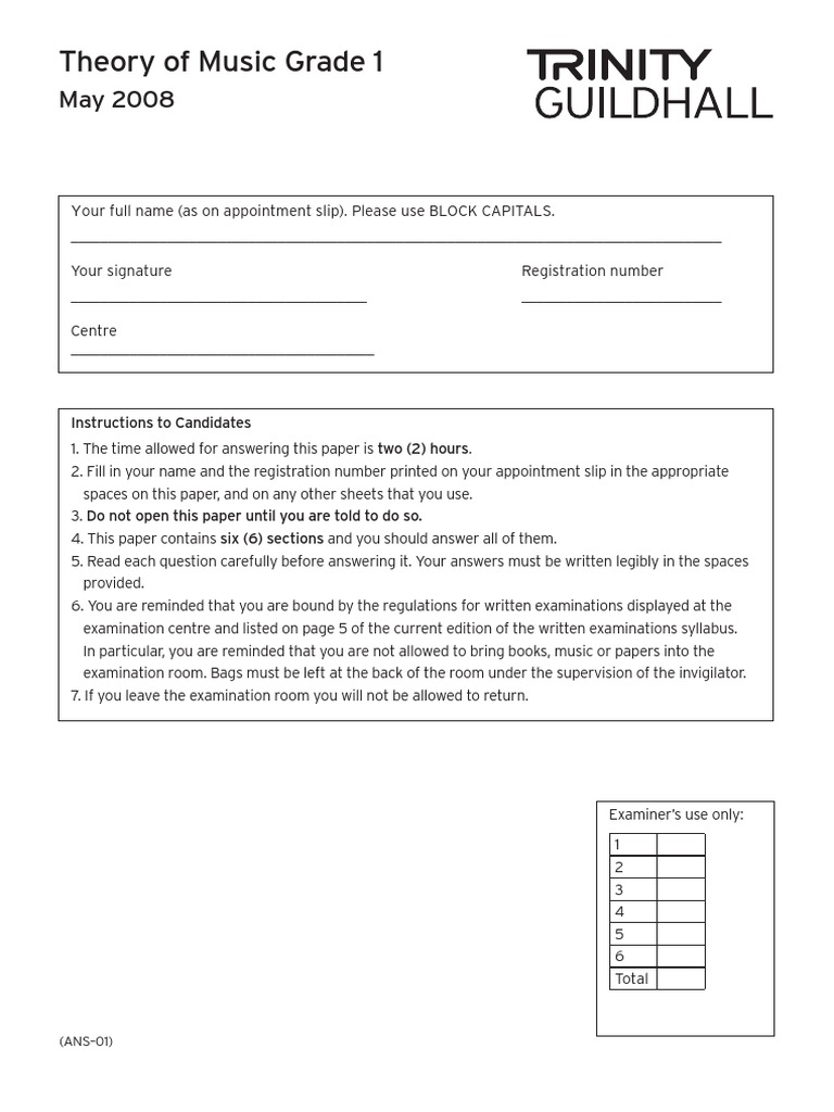 Music Theory Grade 1 Past Paper Trinity 2008 | PDF | Scale (Music ...