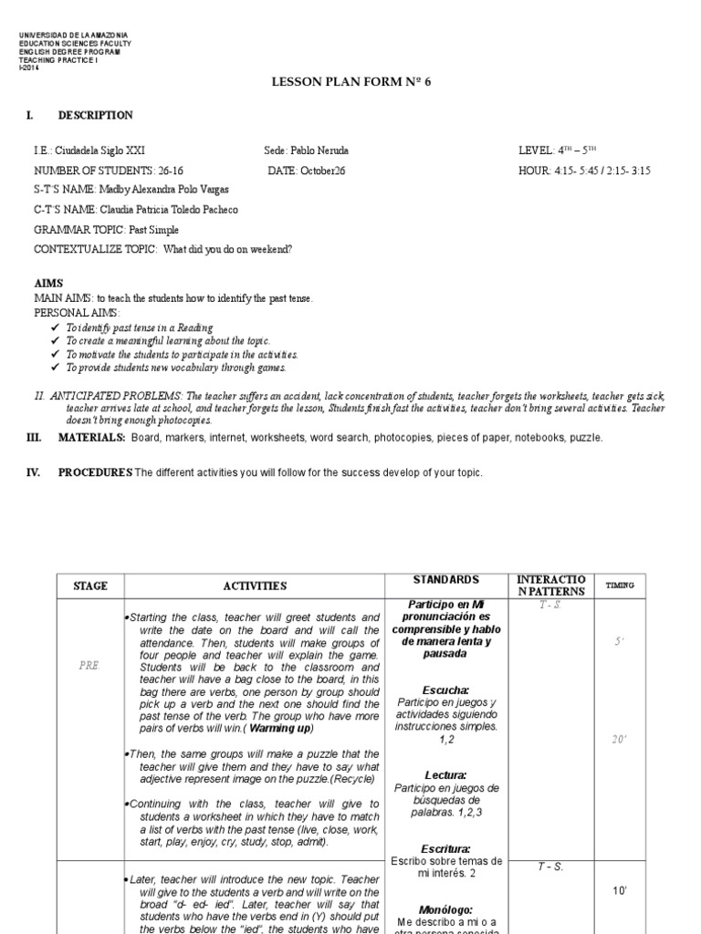 Lesson Plan Form #6: I. Description | PDF | Lesson Plan | English Language