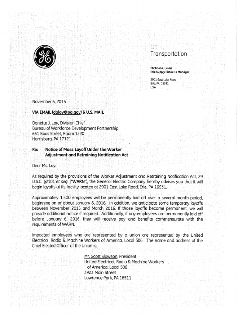 WARN Notice For 1,500 Layoffs at GE Transportation PDF