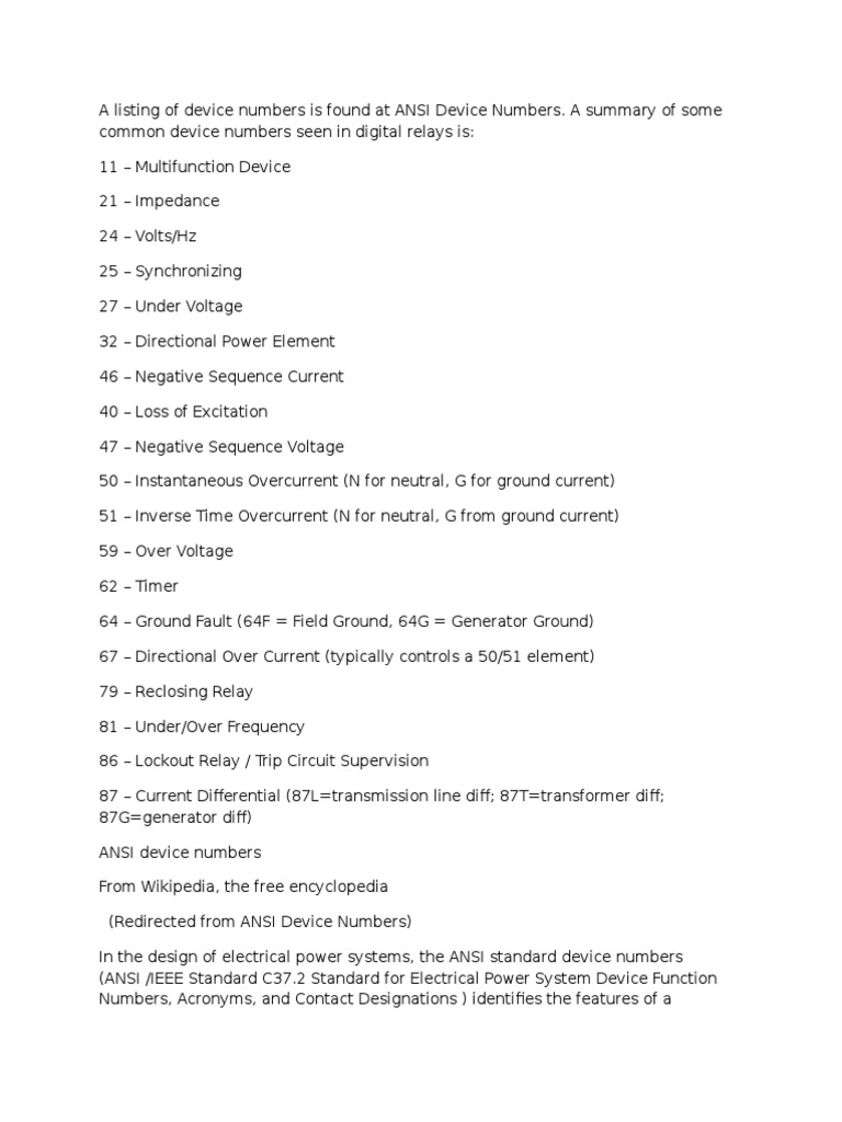 A Listing of ANSI Device Numbers Relay Switch