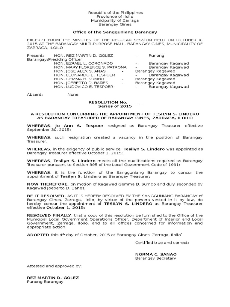 Resolution Appointing Barangay Treasurer | PDF | Cooking, Food & Wine