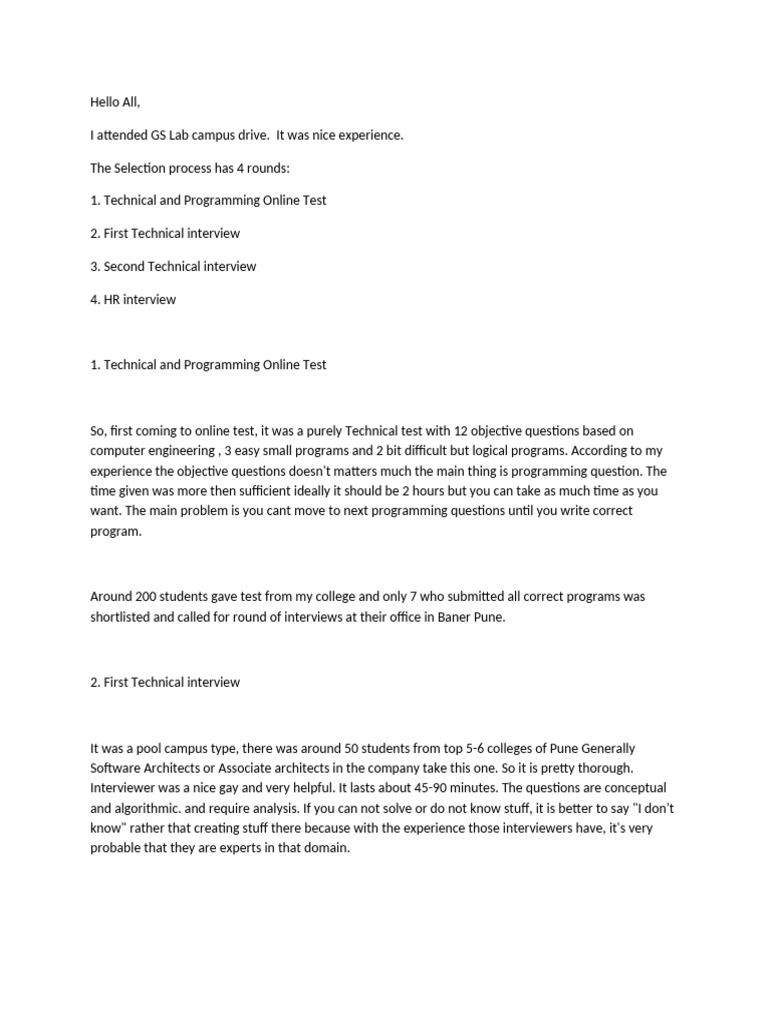 GS Lab Interview Experience PDF Computer Programming Computer Science
