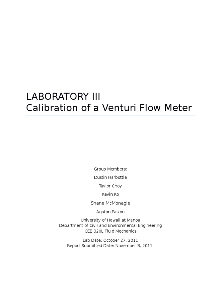 Calibration of Venturi Flow Meter | PDF | Fluid Dynamics | Flow Measurement