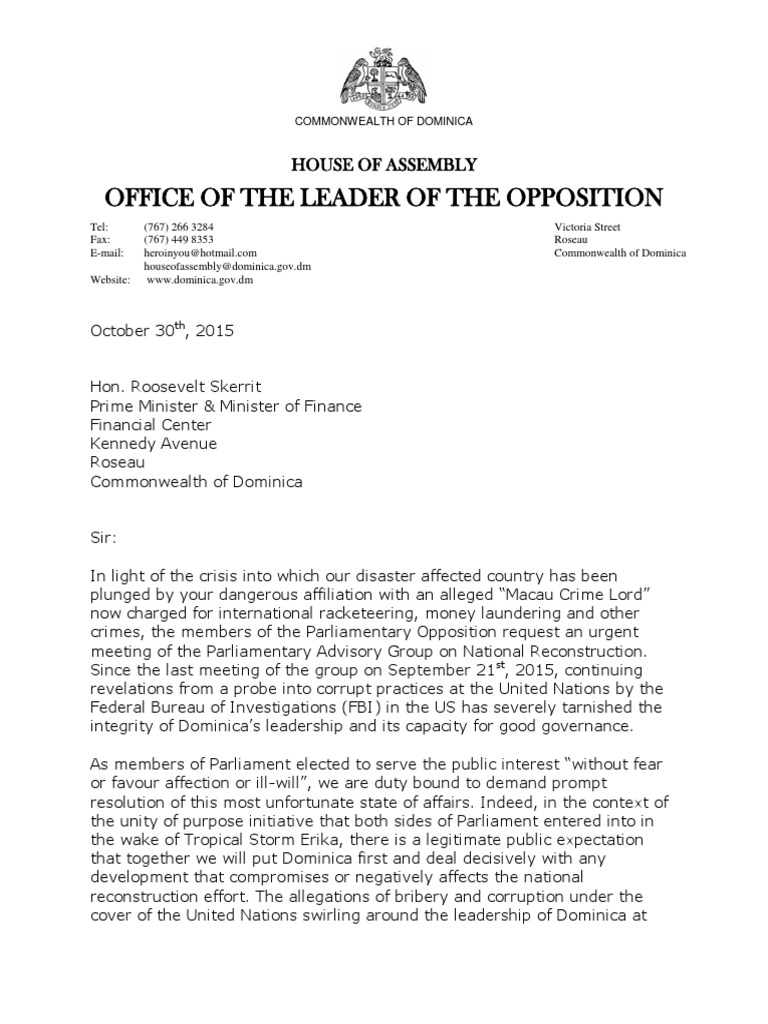Dominica Opposition Letter To Pm Skerrit Demanding Ng Undp Document Reconstruction Era