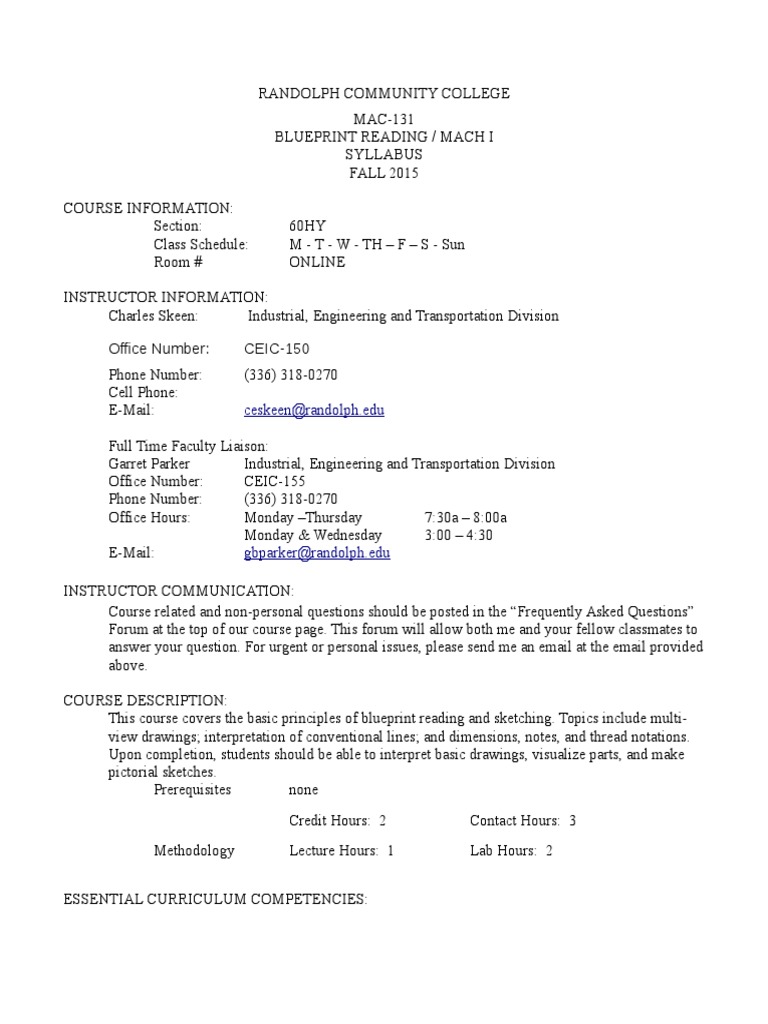 Blueprint Reading Syllabus PDF Test (Assessment) Computing