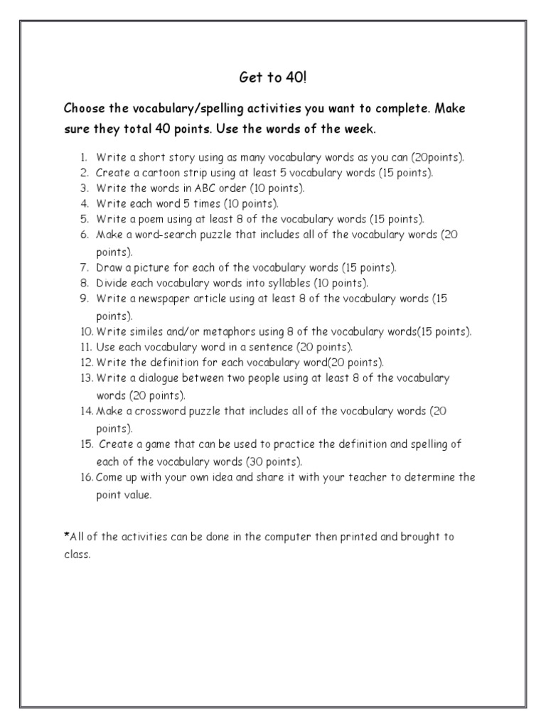 Vocabulary Activities for 40 Points | PDF | Foreign Language Studies ...
