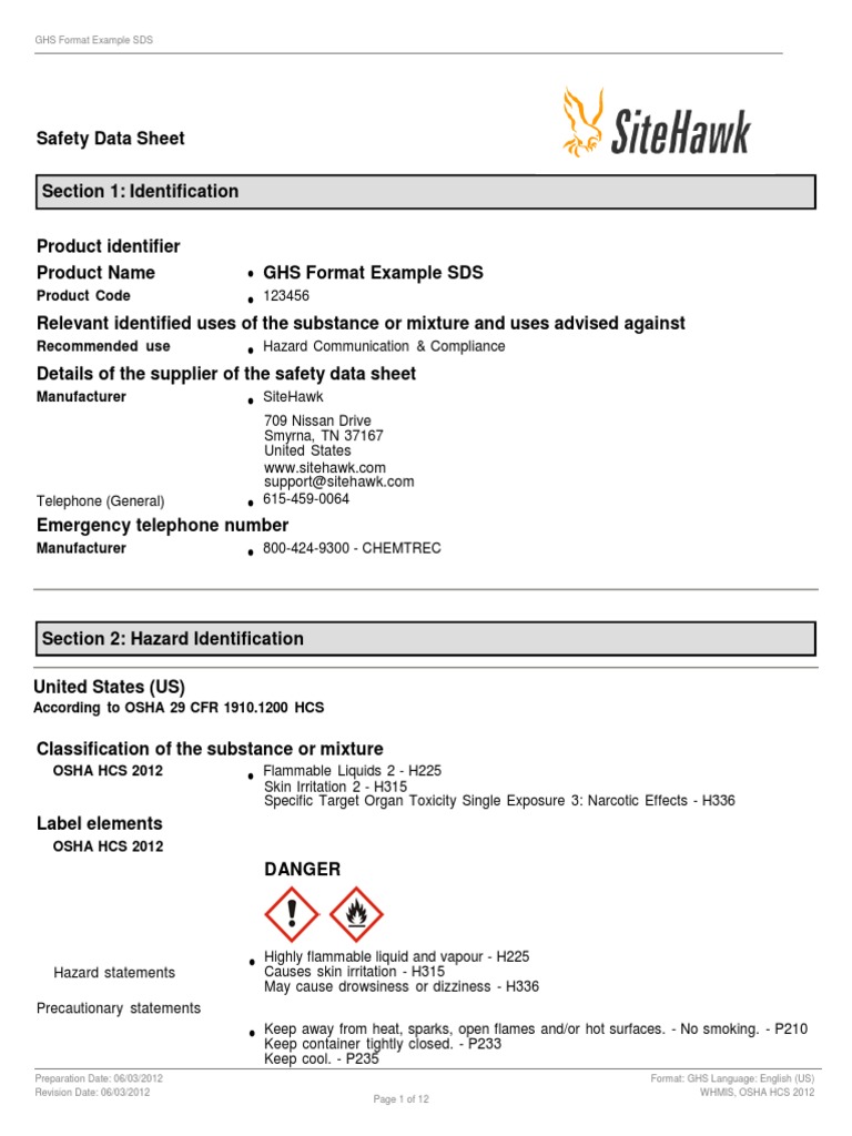 Product Code: GHS Format Example SDS | PDF | Toxicity | Fires