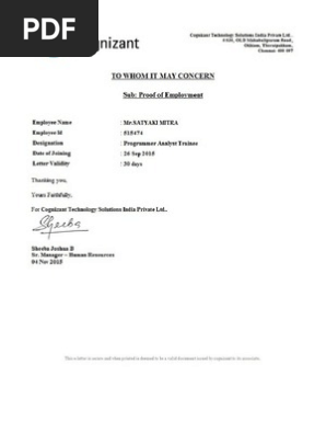 Cognizant letter of employment