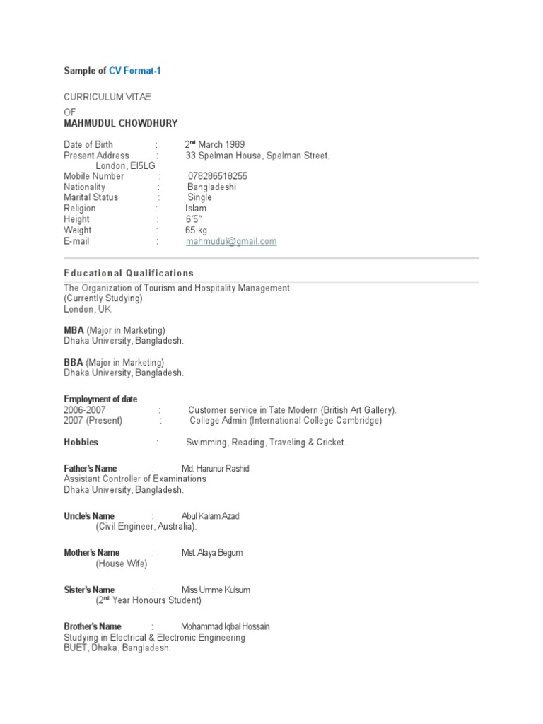 Cv Format Bd Bangladesh Dhaka